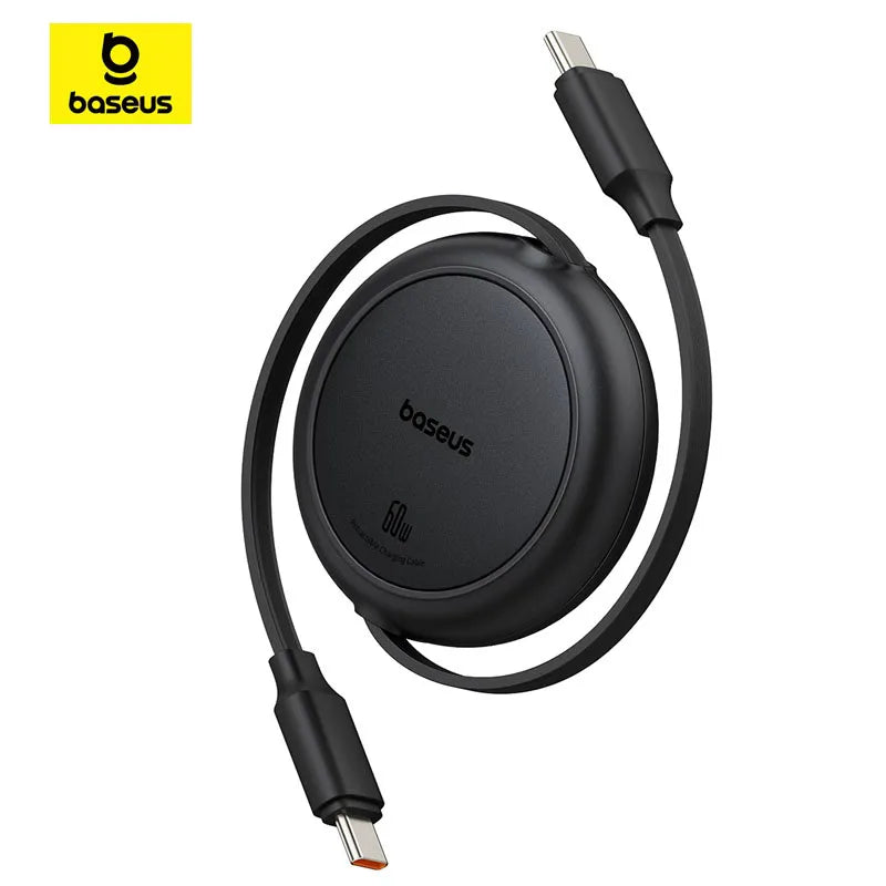 Black wireless charging pad with USB-C cable on a white background, featuring the Baseus logo.