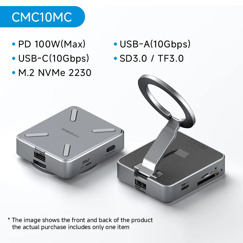 Multifunctional device with ports and a ring holder on a white background, featuring specifications.