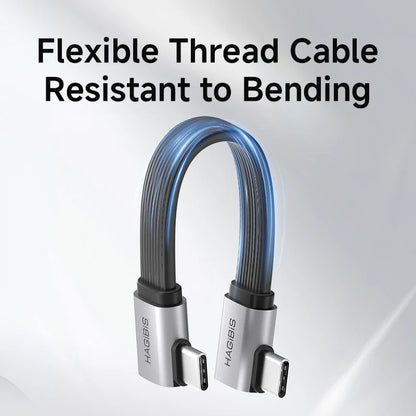 Flexible thread cable with metallic connectors on a gradient background
