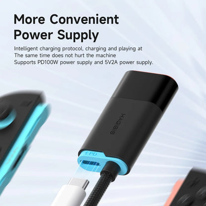 Black power adapter with blue accents on a light gray background