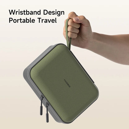 Green travel pouch with wrist strap held by a hand on a beige background