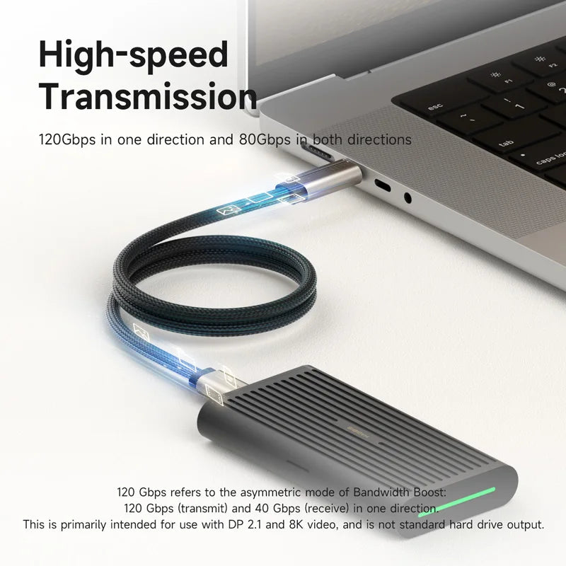 High-speed transmission cable connected to a laptop with technical text on a white background