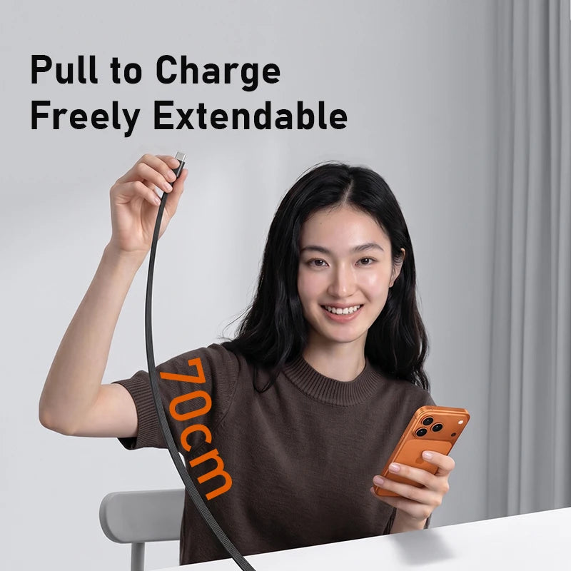 Woman holding a phone with an extendable charging cable, text 'Pull to Charge Freely Extendable' above.