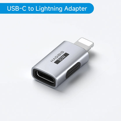 USB-C to Lightning adapter with 'HAGIBIS' branding on a white background