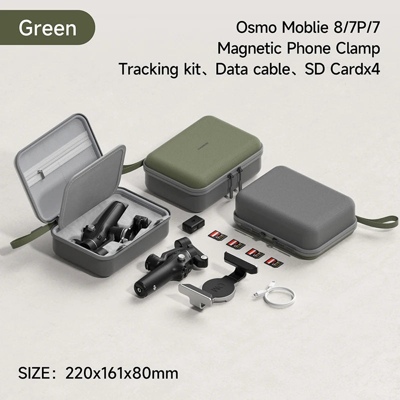 Green magnetic phone clamp tracking kit with accessories on a light gray background