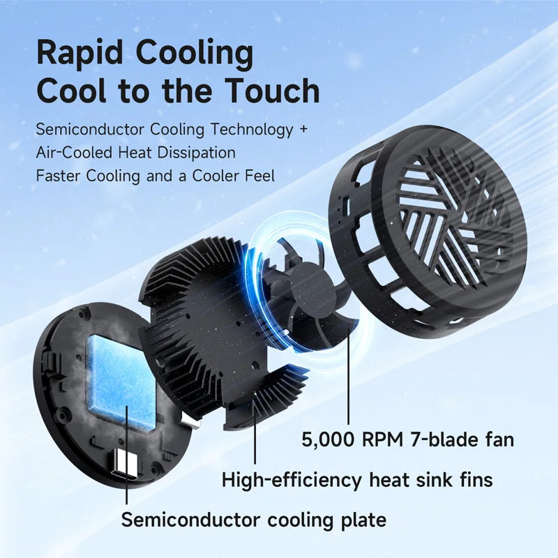 Semiconductor cooling technology with fan and heat sink fins on a blue background