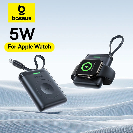 Baseus 5W wireless charger for Apple Watch on a light blue background