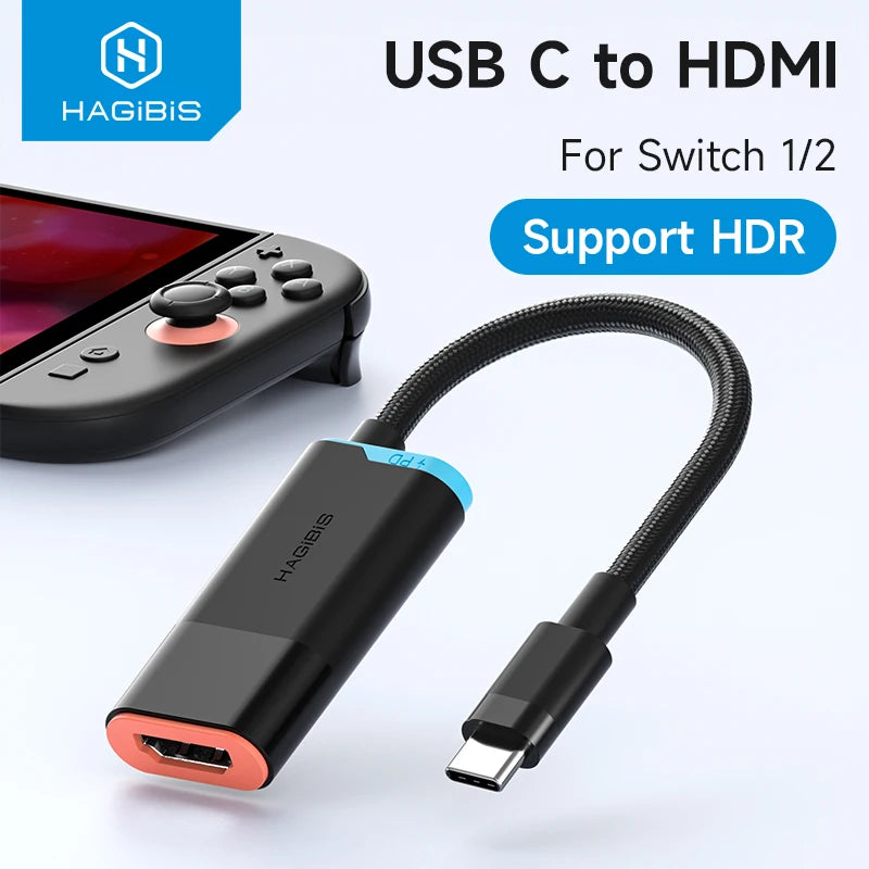 USB C to HDMI adapter with flexible cable, branded 'HAGIBIS', for Switch 1/2, supporting HDR on a white background.