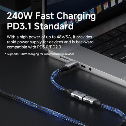 Laptop with a charging cable connected, highlighting 240W fast charging capability.