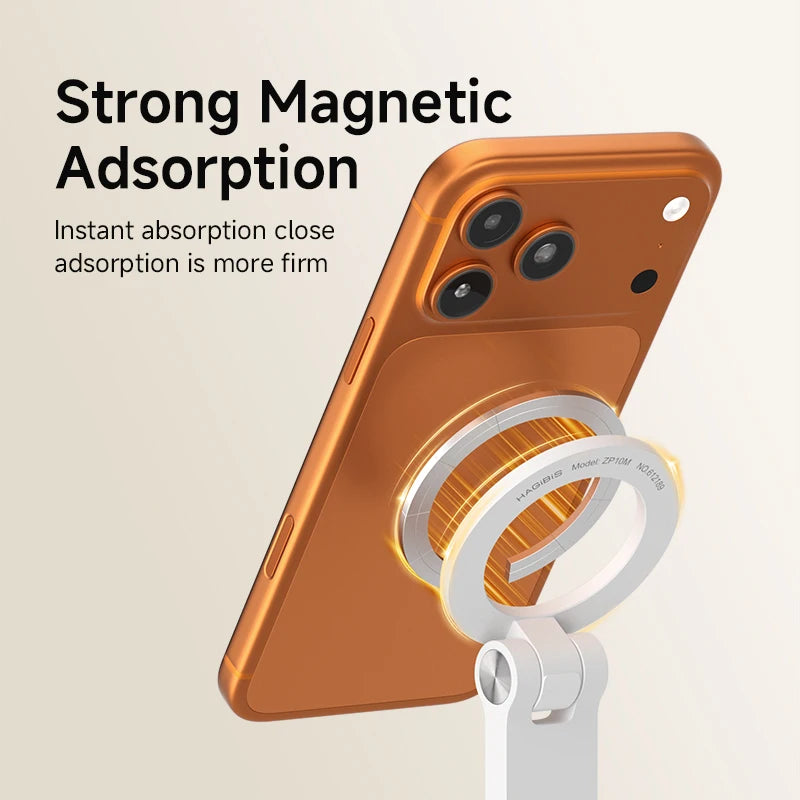 Smartphone with a magnetic ring stand on a beige background, highlighting strong magnetic adsorption feature.