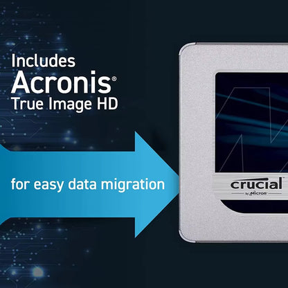 Crucial SSD with Acronis True Image HD text on a dark background