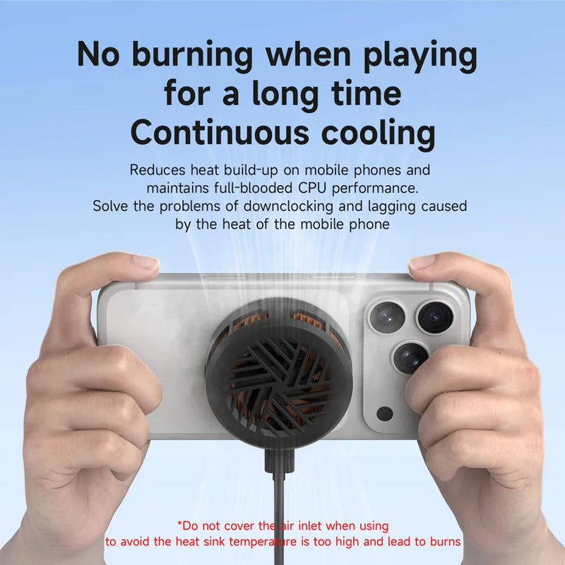 Person holding a smartphone with a cooling device attached, against a blue background with text about continuous cooling.