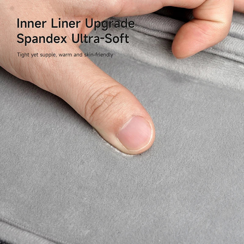 Gray spandex fabric with a hand touching it, text indicating 'Inner Liner Upgrade Spandex Ultra-Soft'.