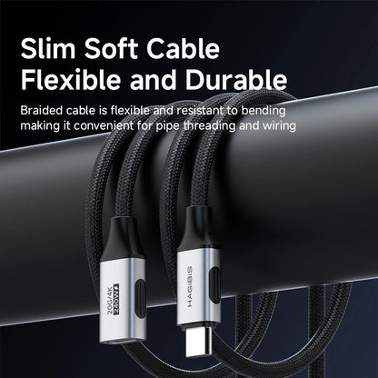 Slim soft cable with braided design on a black background, featuring the brand 'HAGIBIS'.