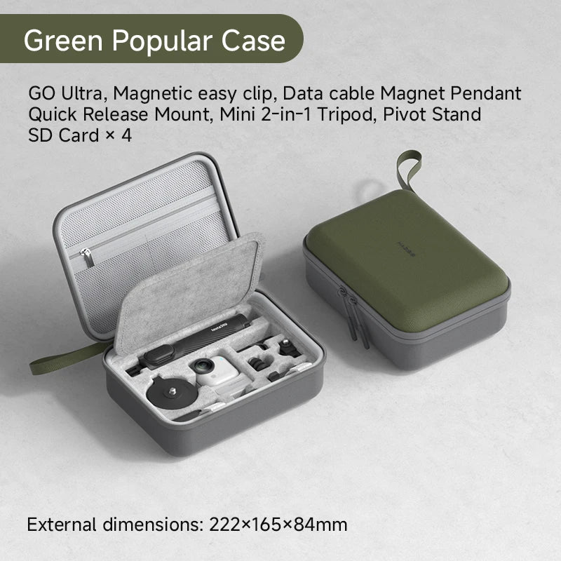 Green and gray carrying case with accessories on a light gray background