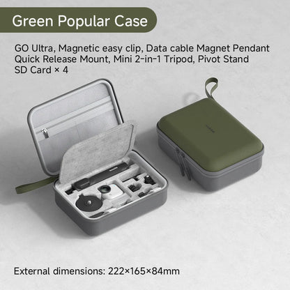 Green and gray carrying case with accessories on a light gray background