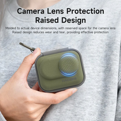 Green camera lens protection case held by a person with text about its design and benefits.