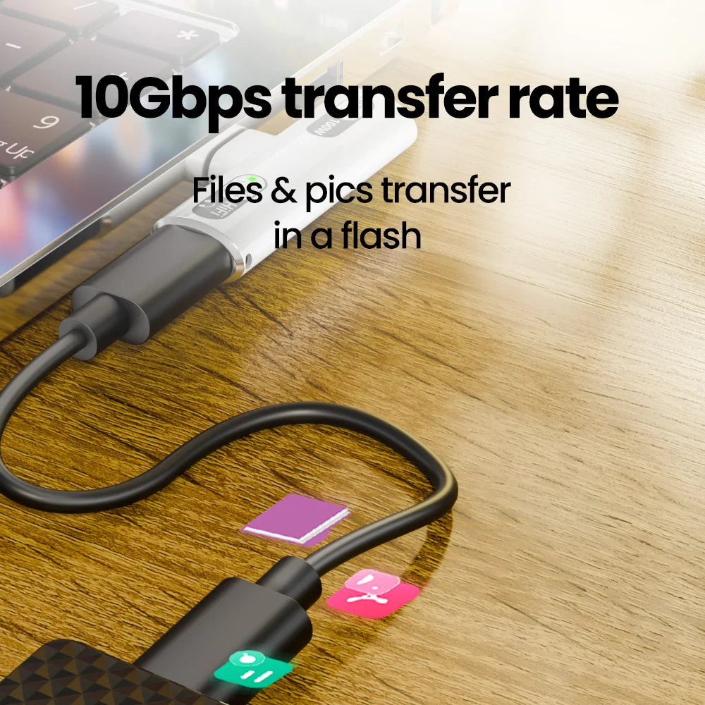 USB cable with 10Gbps transfer rate text on a wooden surface