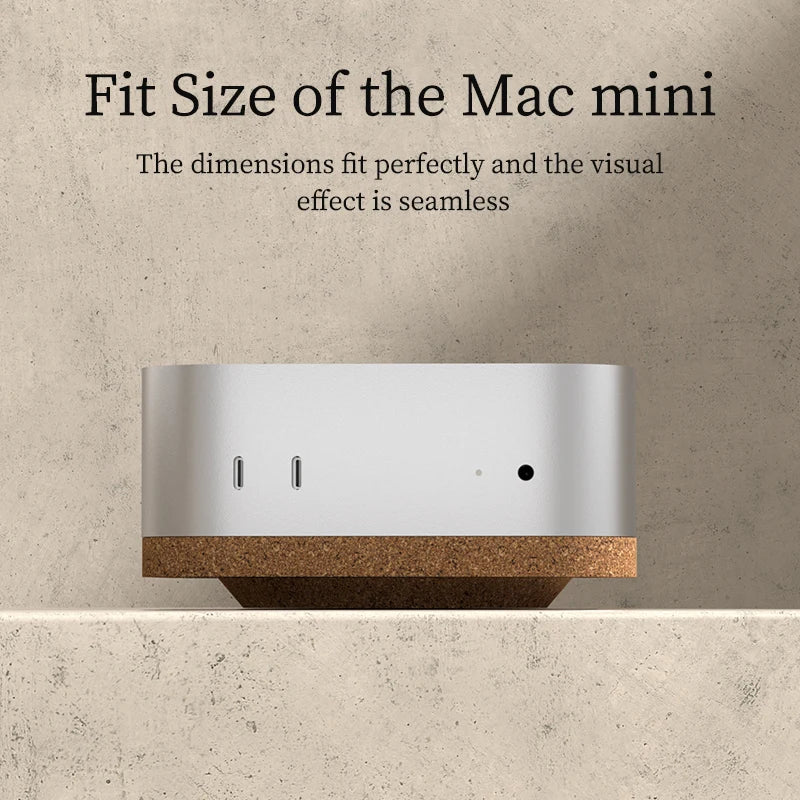Mac mini on a wooden stand with text about its dimensions and visual effect.