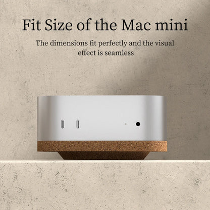 Mac mini on a wooden stand with text about its dimensions and visual effect.