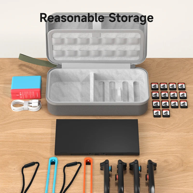 Open gray storage case with various small items on a wooden surface