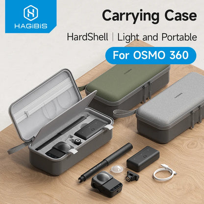 Hagibis carrying case for OSMO 360 on a wooden surface with accessories.