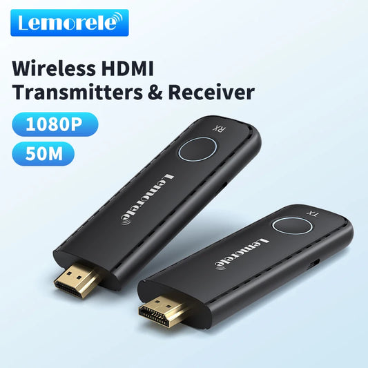 Two Lemorele wireless HDMI transmitters and receivers shown on a light blue background with product text reading 1080P and 50M.