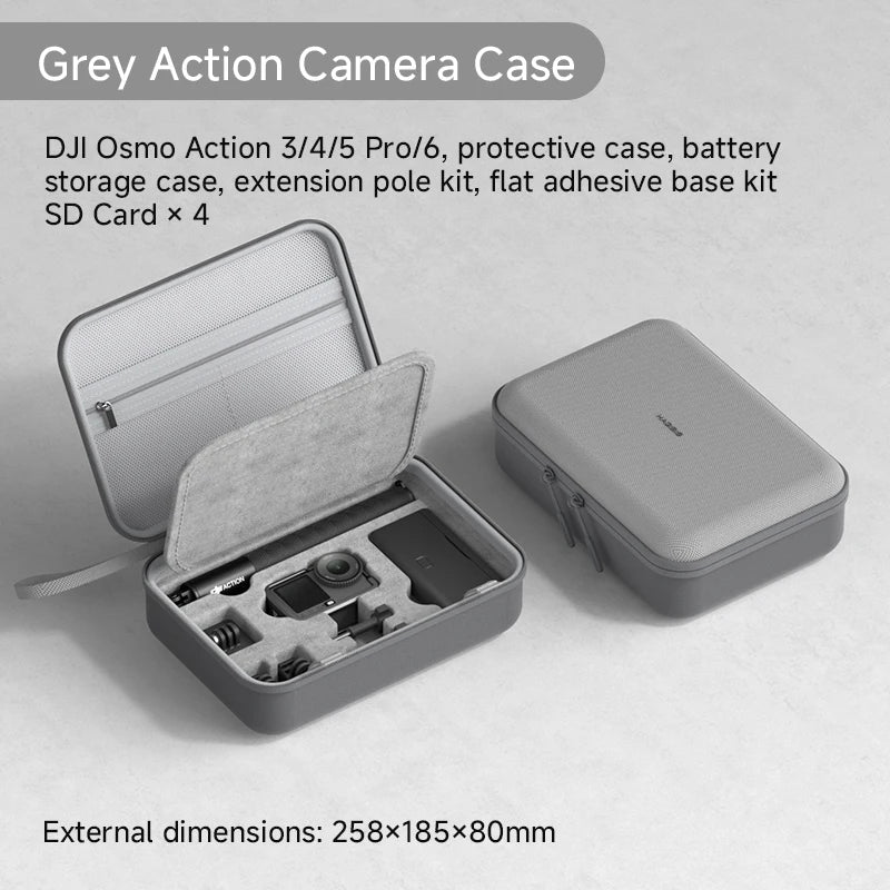 Gray action camera case with DJI Osmo Action camera and accessories on a light gray background