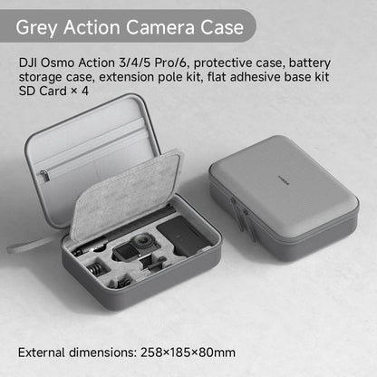 Gray action camera case with DJI Osmo Action camera and accessories on a light gray background