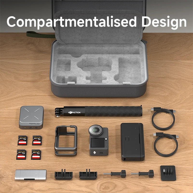 Collection of electronic accessories on a wooden surface with an open compartmentalized design case.