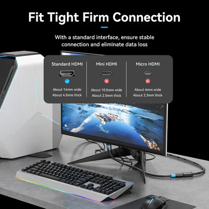 Computer setup with monitor, keyboard, and mouse on a desk, featuring HDMI connectors.