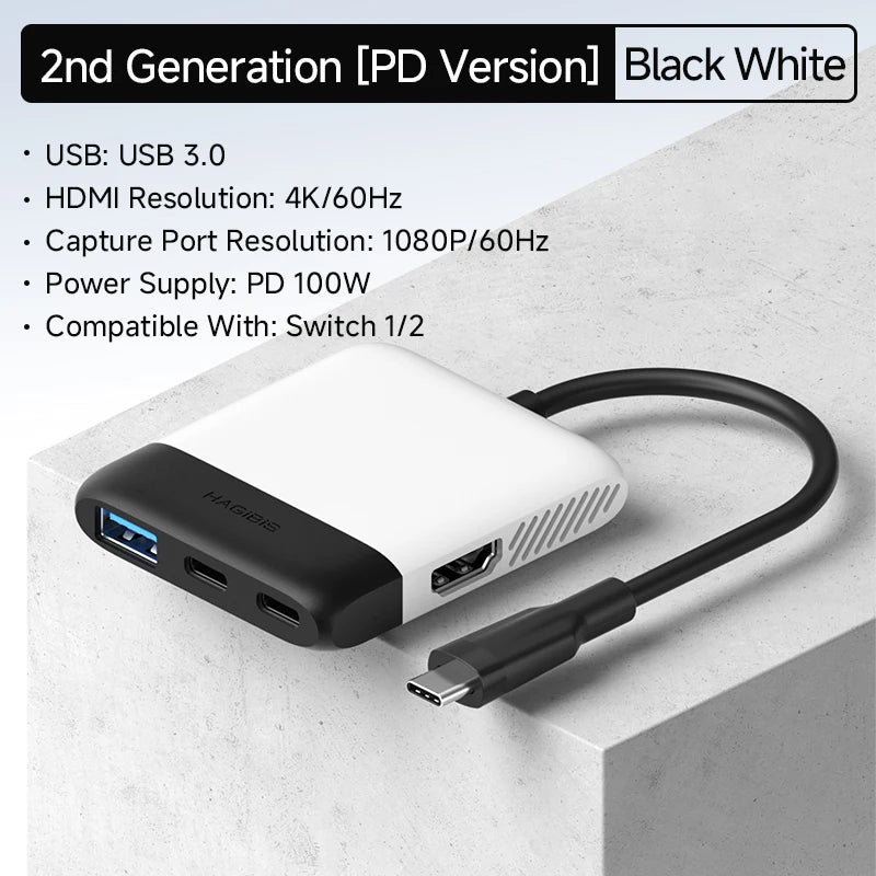 Multiport adapter with USB-C, HDMI, and USB ports on a white background