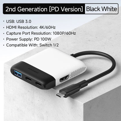 Multiport adapter with USB-C, HDMI, and USB ports on a white background