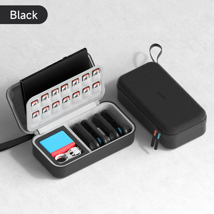 Black travel case with compartments for small items on a light gray background