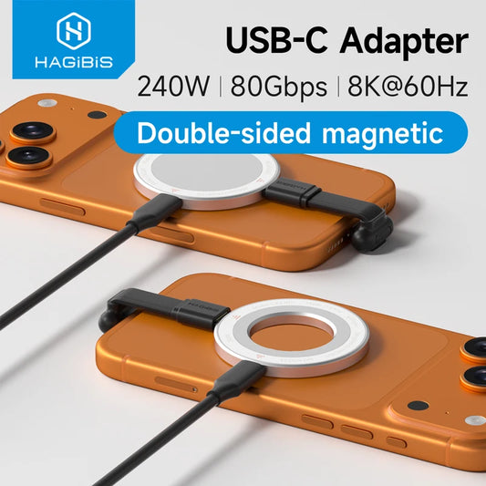 USB-C adapter with double-sided magnetic feature on an orange phone case, featuring Hagibis branding.