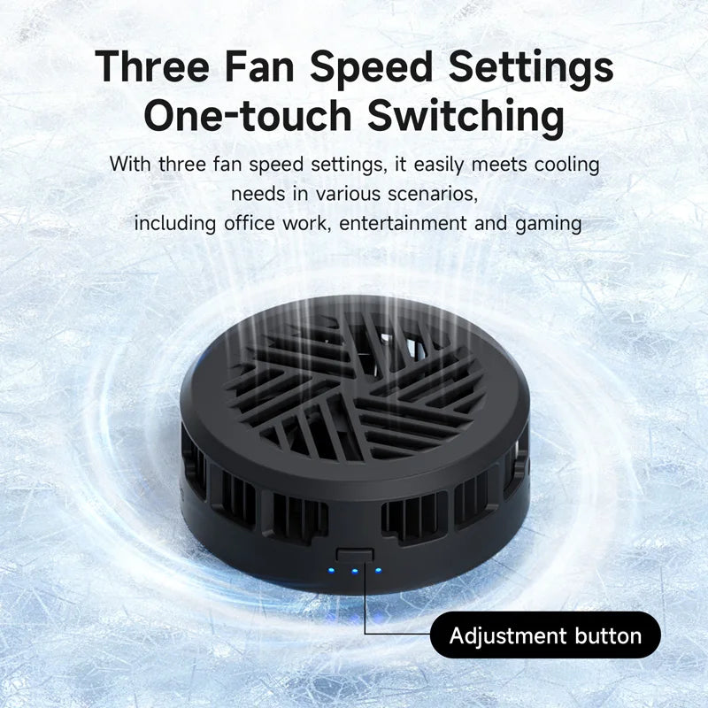 Black fan with text about three speed settings and one-touch switching on a light blue background.