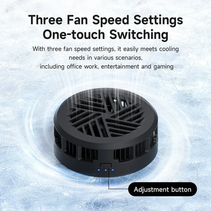 Black fan with text about three speed settings and one-touch switching on a light blue background.