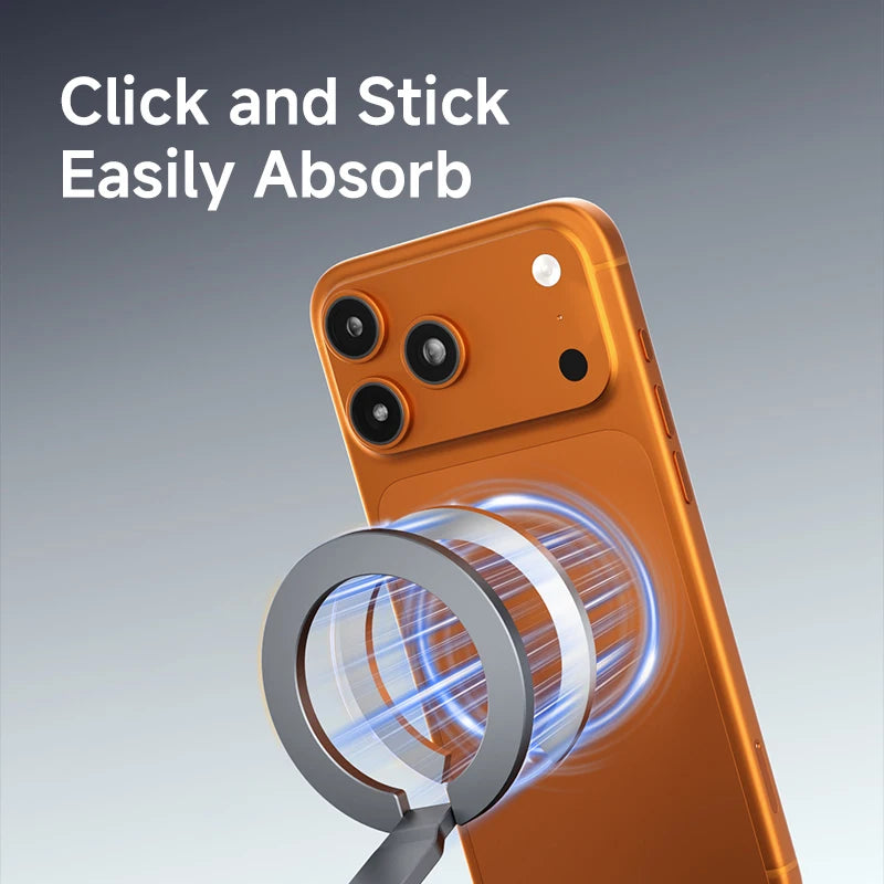 Orange phone with a metallic ring on a gray background, featuring text 'Click and Stick Easily Absorb'.