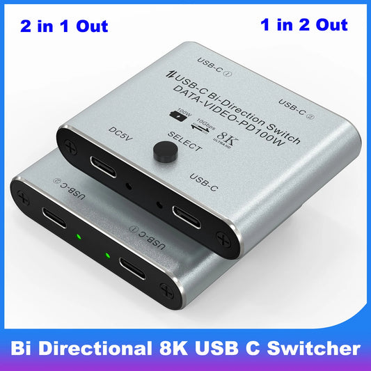 Two silver and black 8K bi-directional USB-C switches stacked together on a white background with blue text overlays reading '2 in 1 Out' and '1 in 2 Out'.
