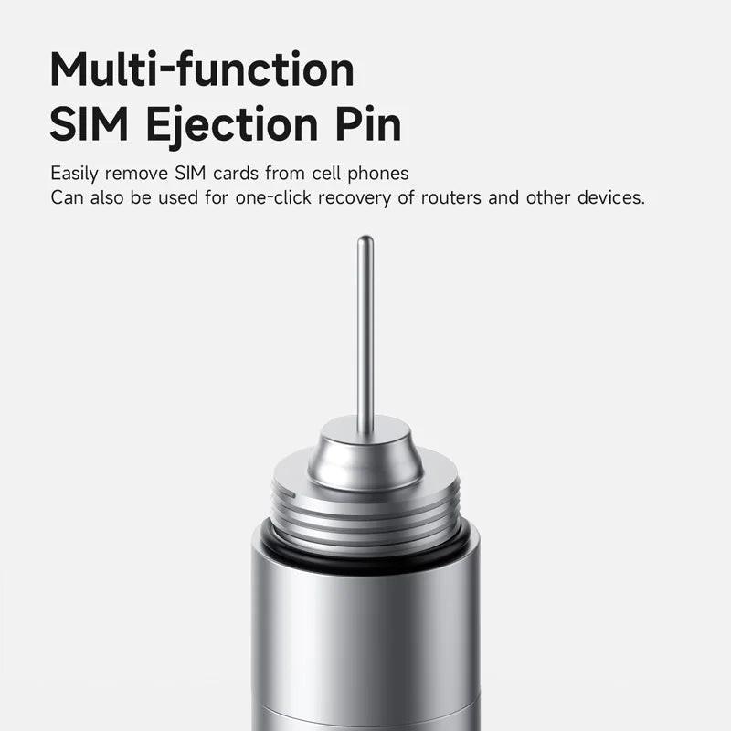 Multi-function SIM ejection pin on a white background with text describing its uses.