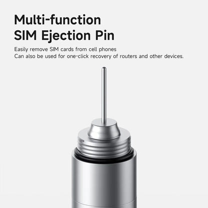 Multi-function SIM ejection pin on a white background with text describing its uses.