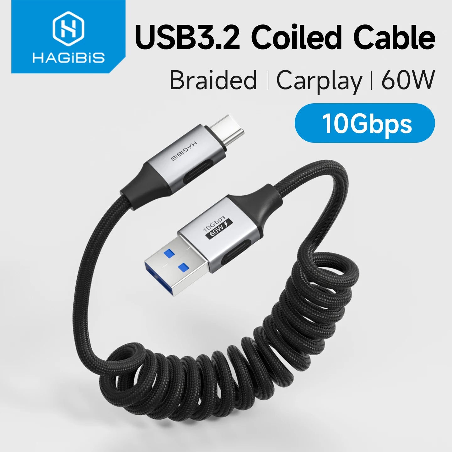 Hagibis USB 3.2 Coiled USB-A to USB-C Cable 10Gbps 60W