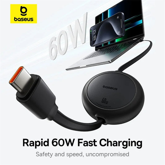 Baseus rapid 60W fast charging cable with laptop and phone on a white background