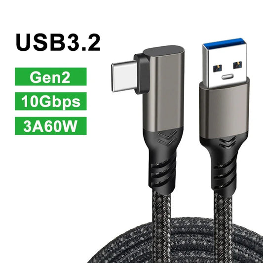 A black braided USB 3.2 Gen2 10Gbps 3A 60W charging cable with a right-angle USB-C connector and a standard USB-A connector, shown on a white background with green text badges.