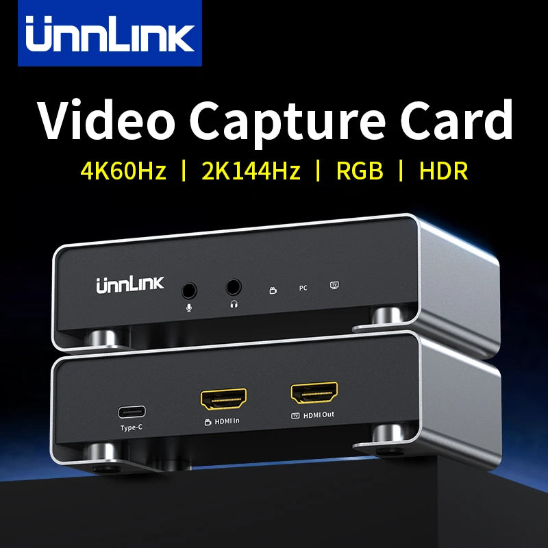 UnnLink video capture card with specifications on a dark background