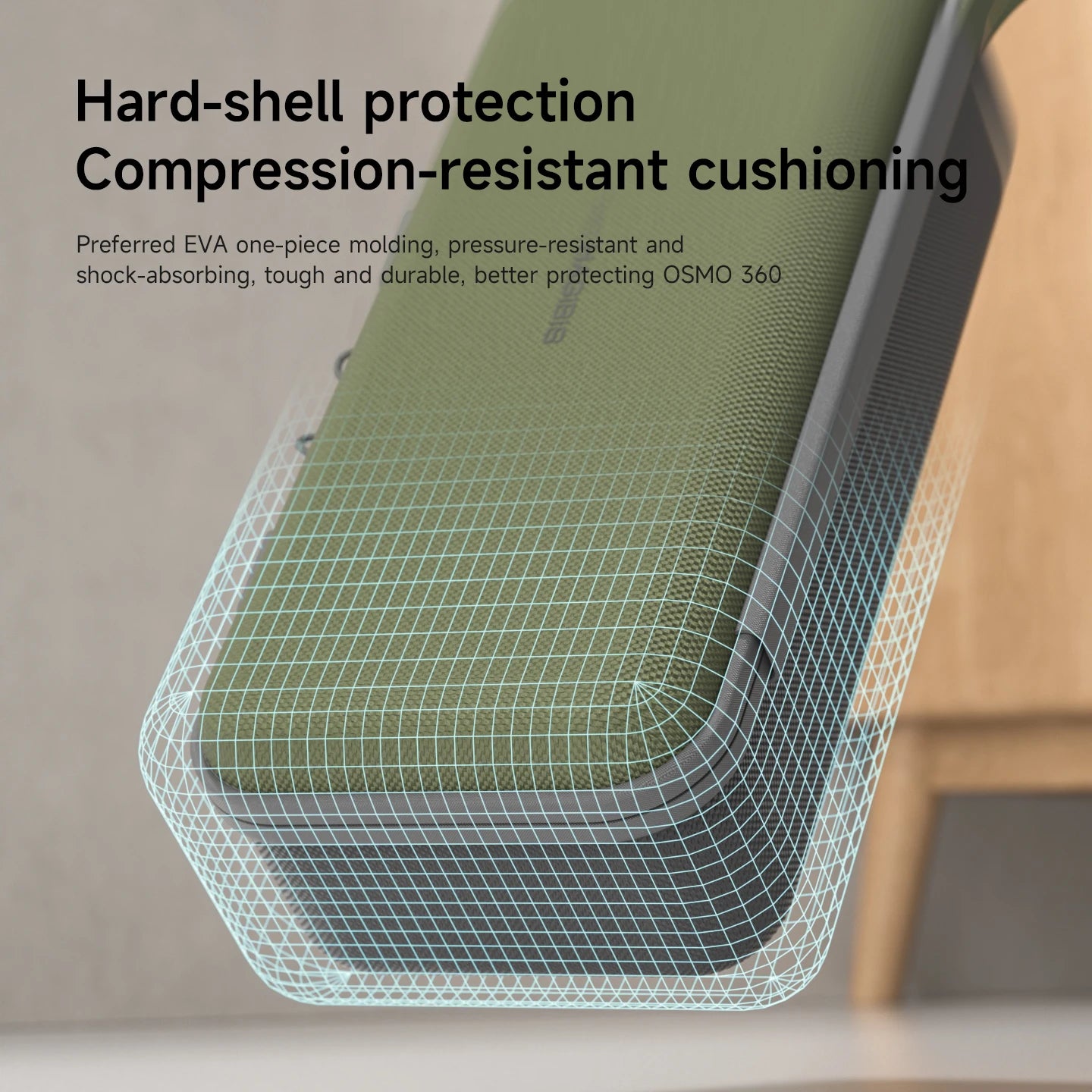 Green cushion with text about hard-shell protection and compression-resistant cushioning on a neutral background.