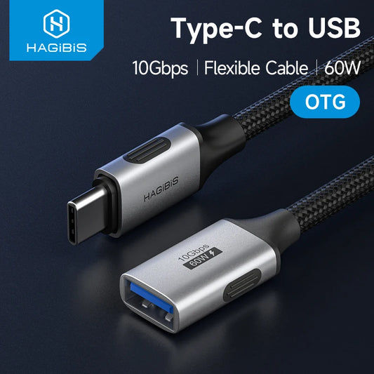 HAGiBIS Type-C to USB OTG flexible cable, 10Gbps, 60W, with silver metal connectors and a black braided cable on a dark blue background.