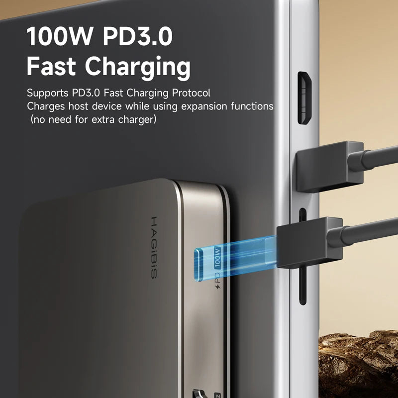 Fast charging cable with 100W PD3.0 technology on a product packaging background.