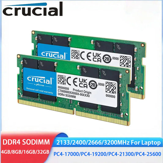 Two Crucial DDR4 SODIMM memory modules on a white background with product specifications.