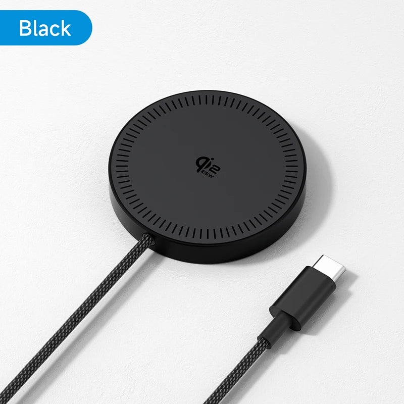 Black wireless charging pad with cable on a white background